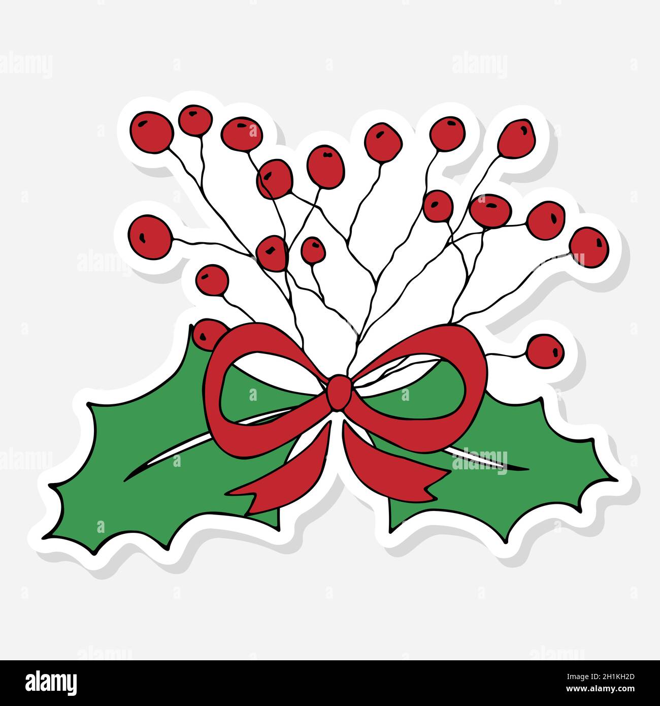 Christmas holly berries with leaves and red bow, sticker doodle for ...