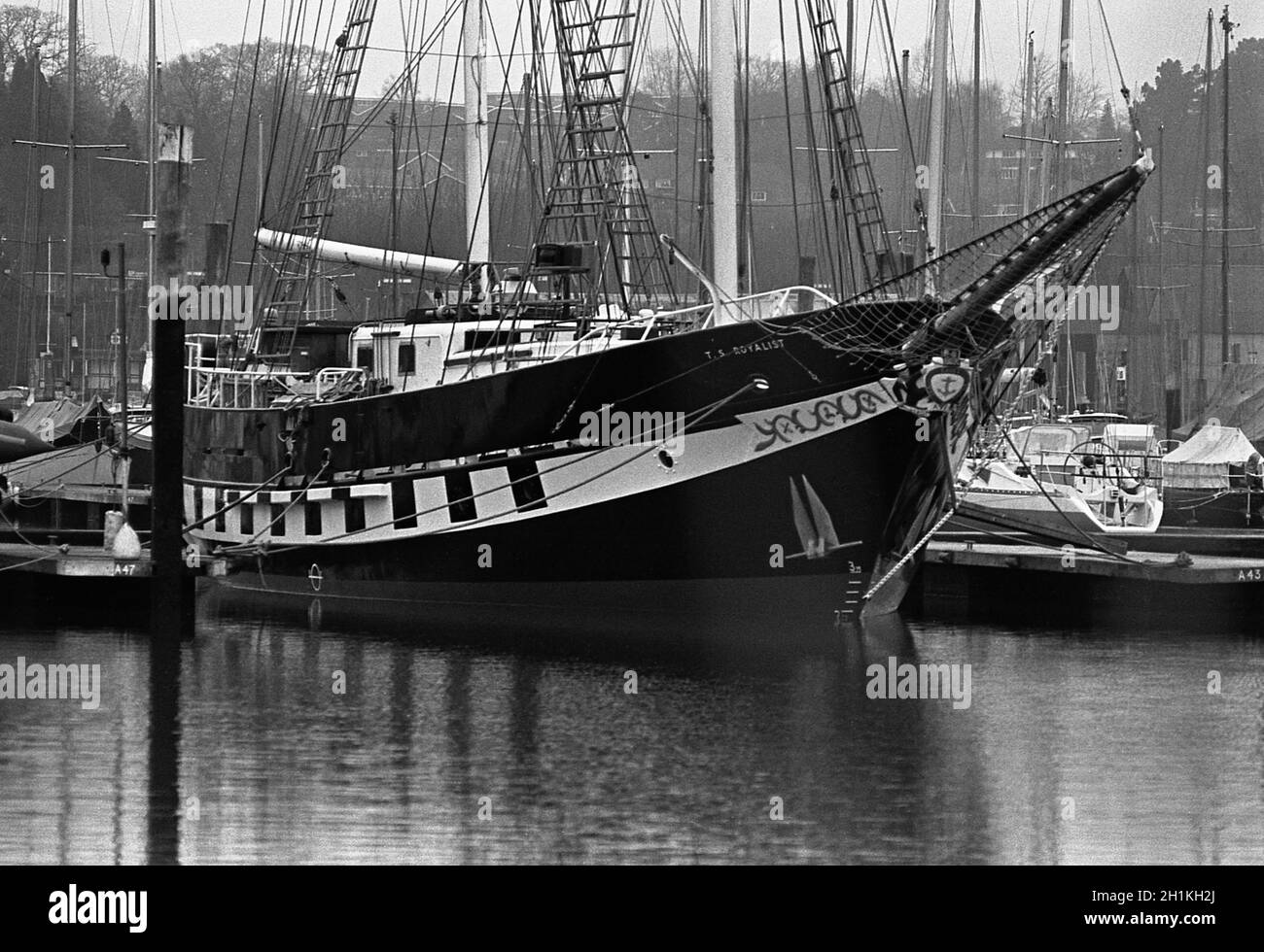 AJAXNETPHOTO. 1976. SWANWICK MARINA, SOUTHAMPTON, ENGLAND. - TRAINING SHIP - THE SEA CADET TRAINING SHIP T.S. ROYALIST MOORED AT A.H. MOODY'S MARINA ON THE HAMBLE RIVER.PHOTO:JONATHAN EASTLAND/AJAX REF:2760301 5 Stock Photo