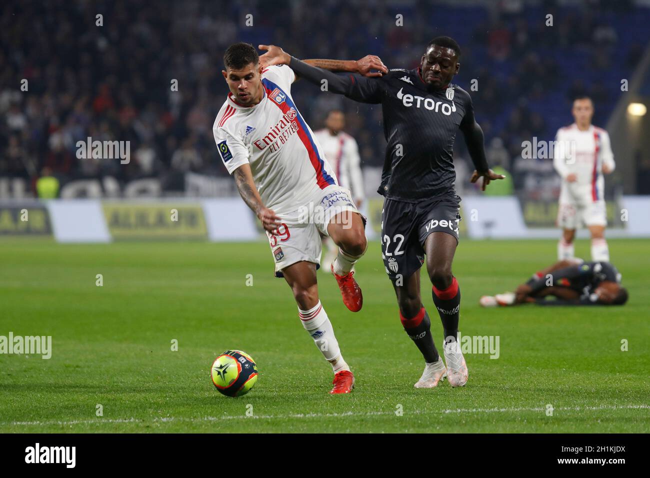 Bruno GUIMARAES of Lyon and Youssouf FOFANA of Monaco during the French  championship Ligue 1 football match between Olympique Lyonnais and AS Monaco  on October 16, 2021 at Groupama stadium in Decines-Charpieu
