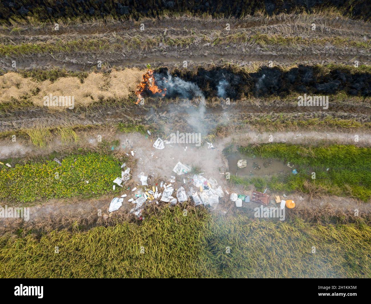 Aerial view open burning at paddy field. The pesticide waste is thrown