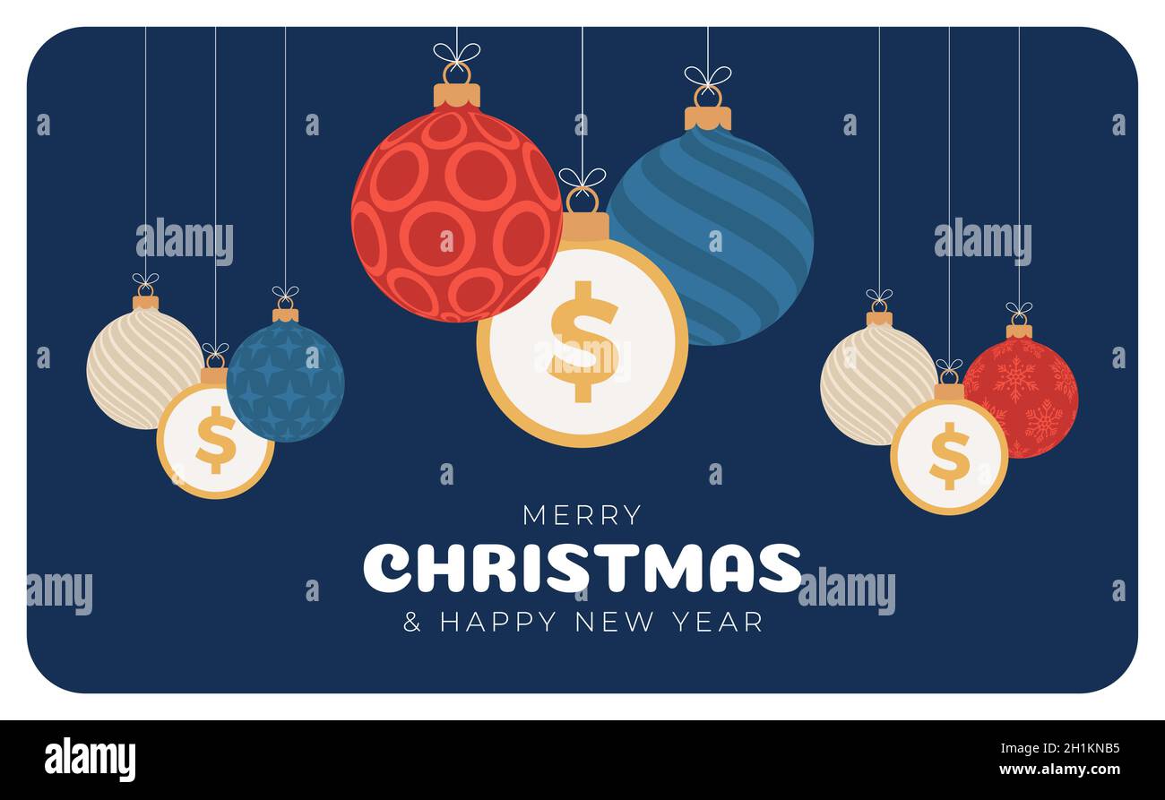 Merry Christmas dollar symbol banner. Dollar sign as christmas bauble ball hanging greeting card. Vector image for xmas, finance, new years day, banki Stock Vector