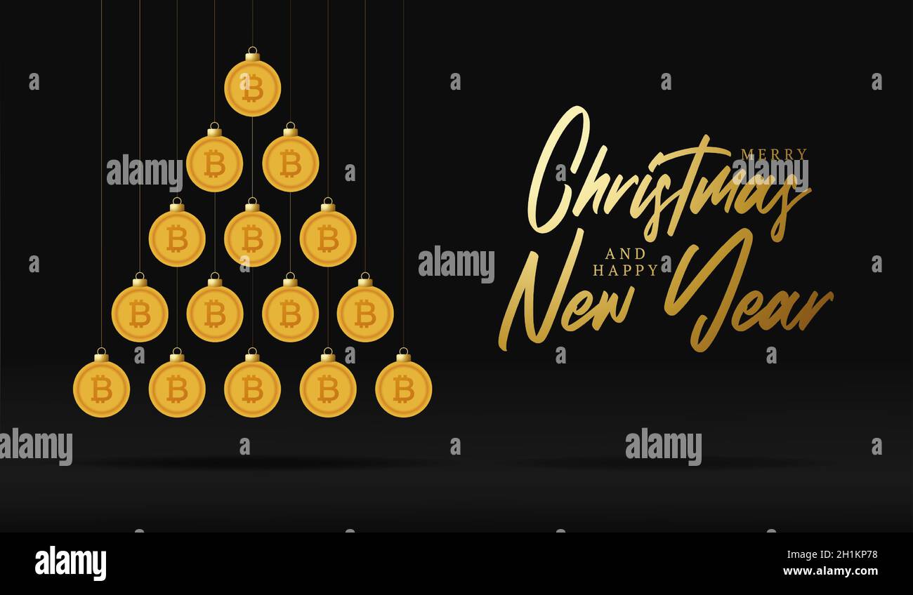 Christmas and new year greeting card. Creative Xmas tree made by shiny  money bitcoin balls on black background for Christmas and New year vector  illus Stock Vector Image & Art - Alamy