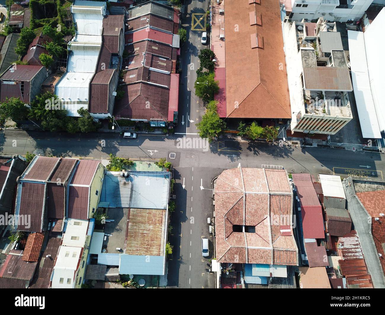 Georgetown, Penang/Malaysia - Mar 21 2020: Aerial look down junction old heritage house. Stock Photo