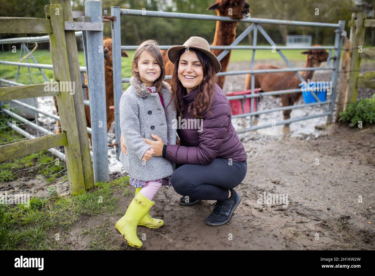 Happy mother wearing cowboy hat hugging young daughter at a farm. Mother-daughter adventurous day in Autumn. Alpacas waiting for food. Stock Photo