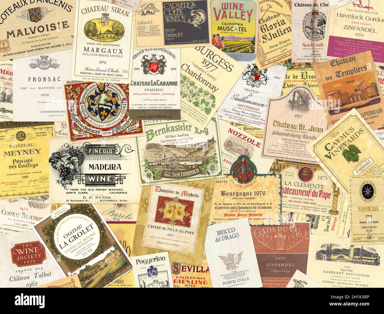 Vilnius, Lithuania - October 18, 2020: Collection of old wine bottle labels, retro winery background Stock Photo