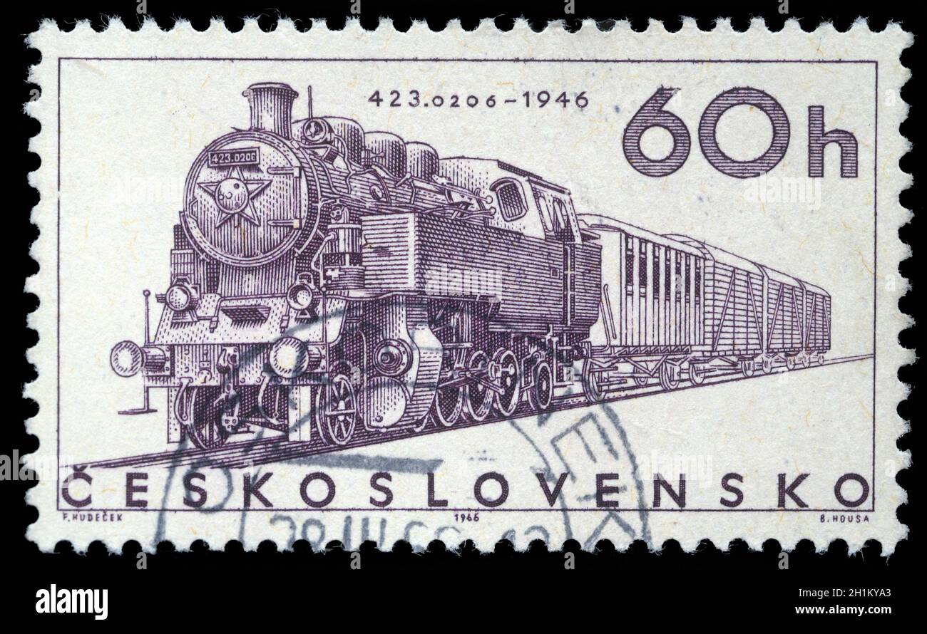Stamp printed in Czechoslovakia showing the '423.0206' Locomotive of 1946, circa 1965. Stock Photo