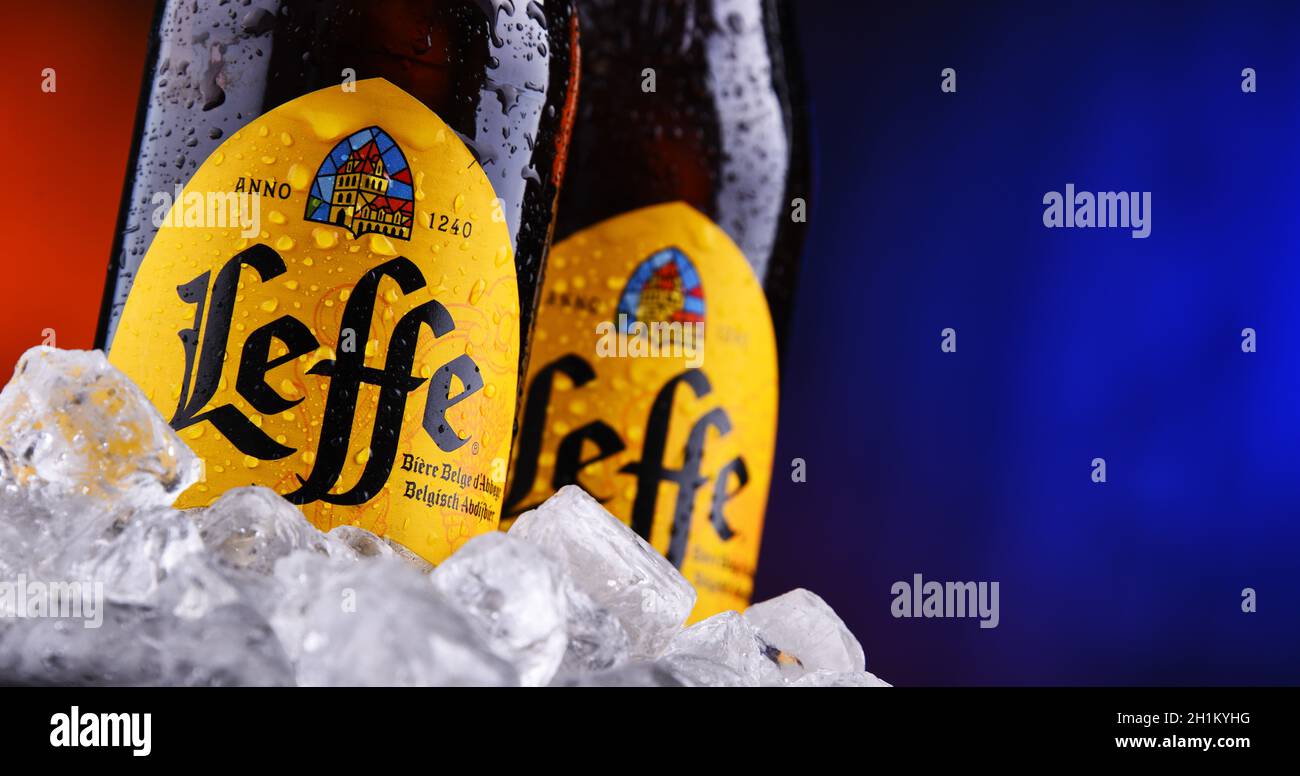 POZNAN, POL OCT 2, 2020 Bottles of Leffe, a brand of beer owned by InBev Belgium, the