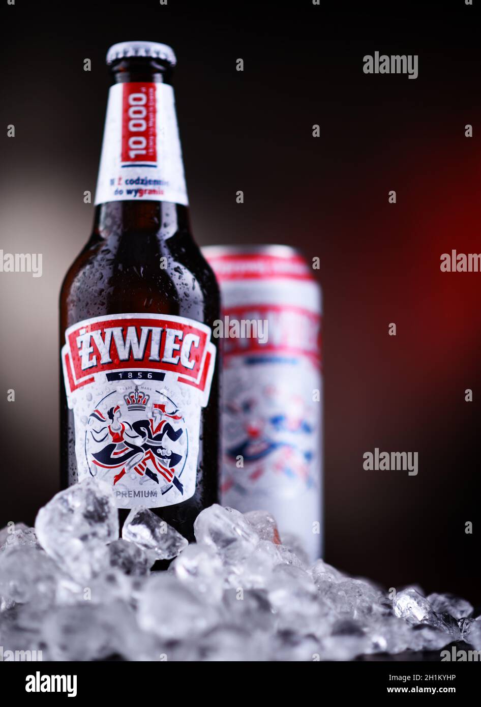 POZNAN, POL OCT 2, 2020 Bottle and can of Zywiec Beer, a pale lager