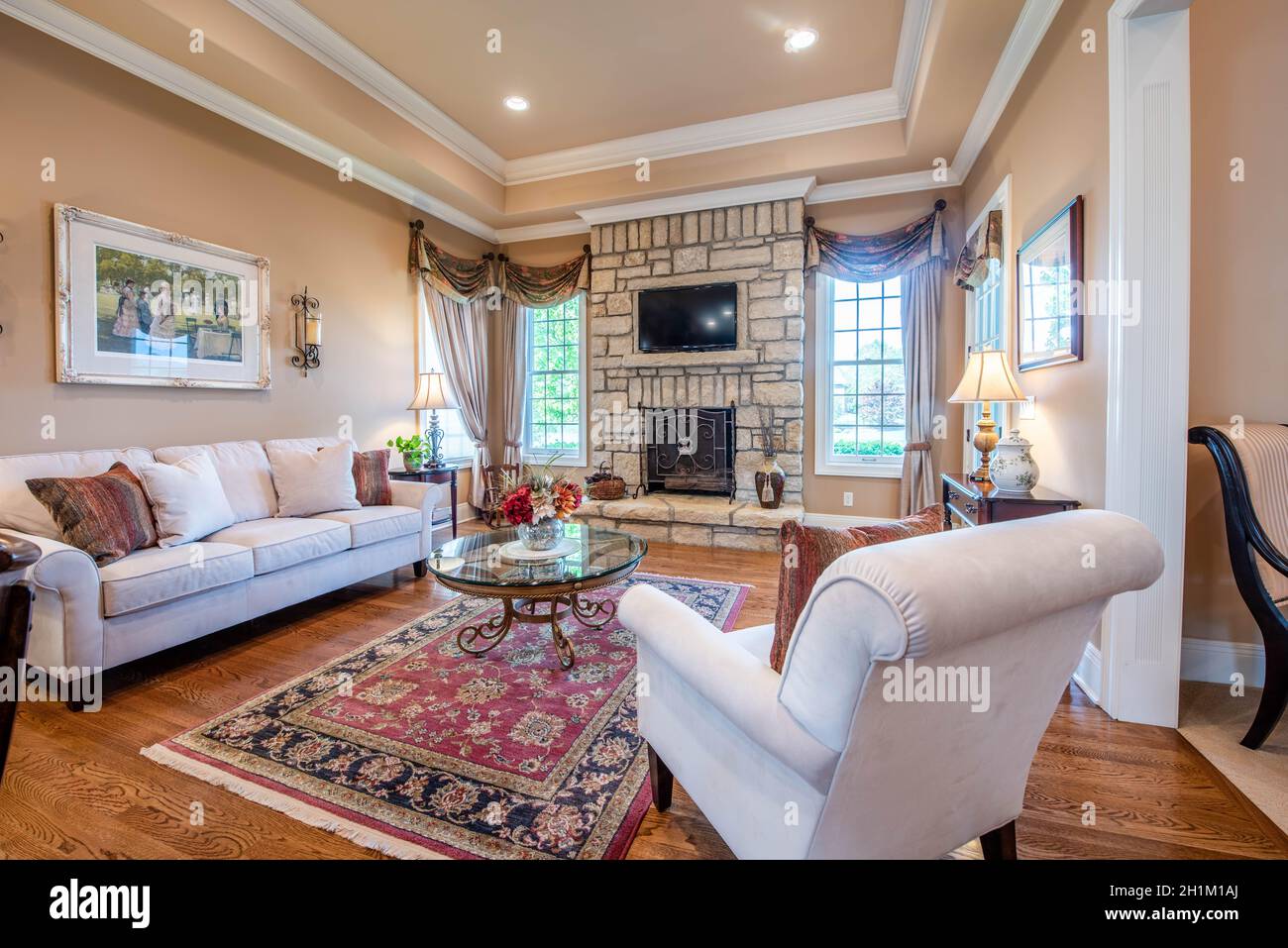 High end living room. Staged with furniture. Stock Photo
