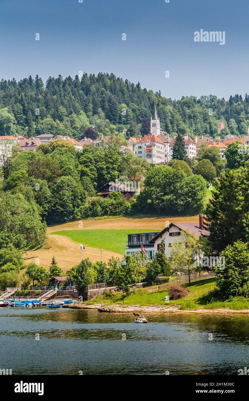 Villers-le-Lac on the banks of the Doubs and the Doubs waterfalls in France Stock Photo