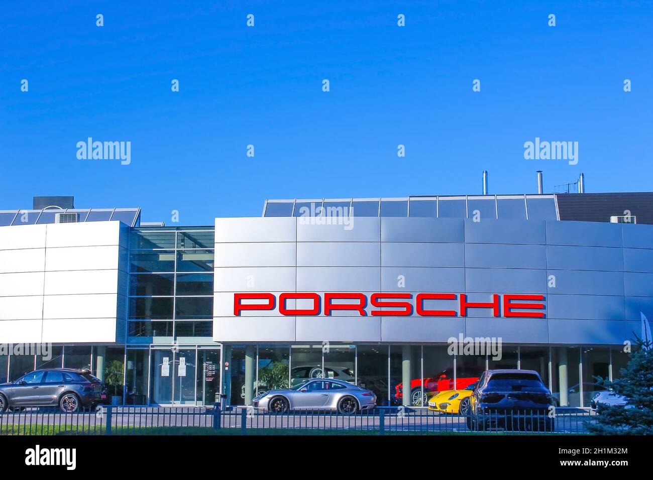 Kyiv, Ukraine - July 29, 2020: Porsche automobile dealership exterior. Porsche Automobile Holding is a German holding company with investments in the Stock Photo