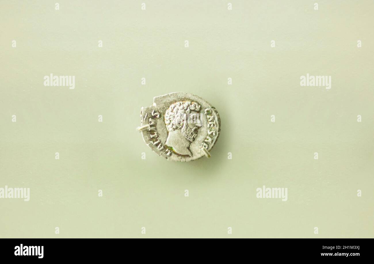 Merida, Spain - August 25th, 2018: Lucius Aelius Roman Caesar coin, National Museum of Roman Art in Merida, Spain Stock Photo