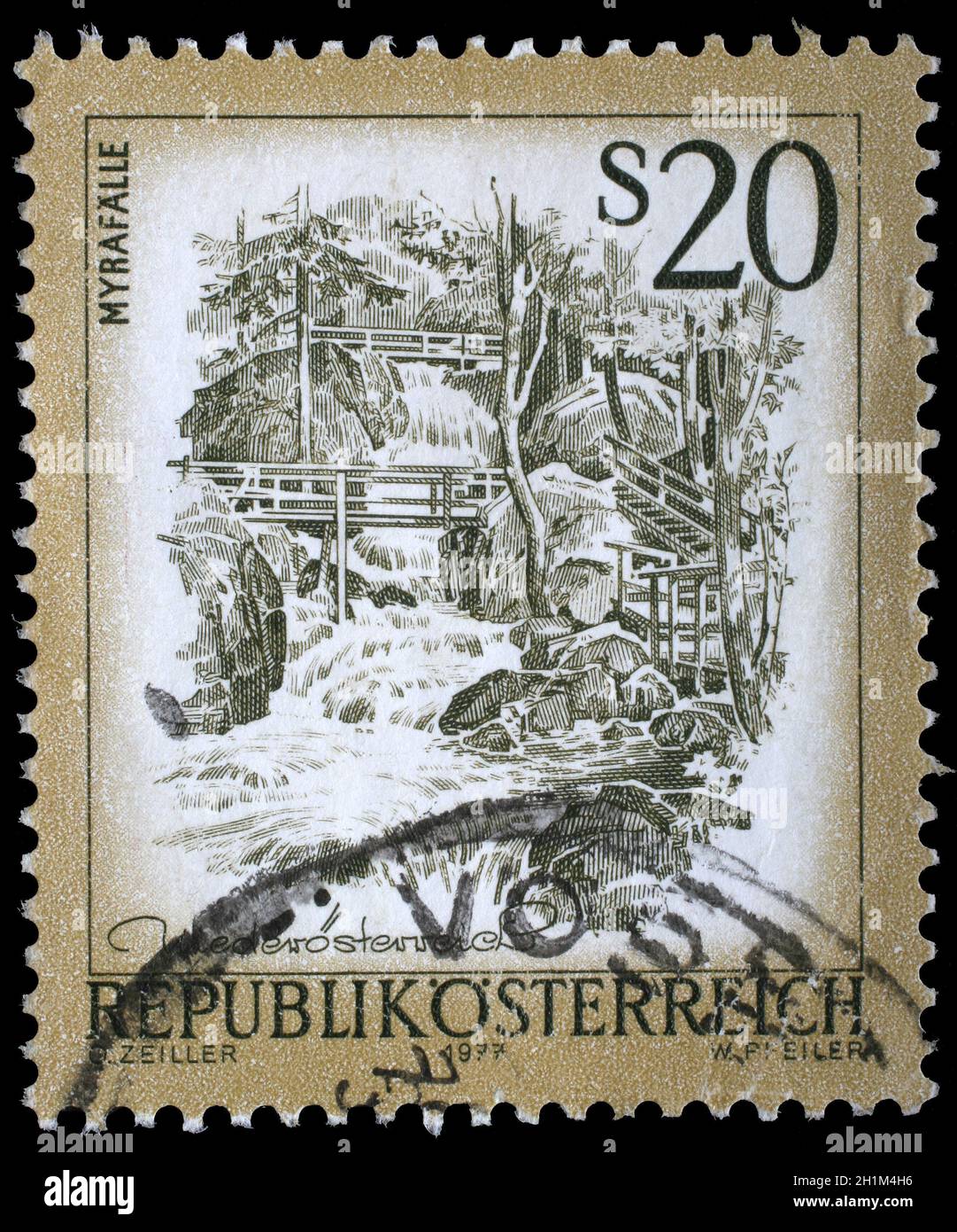 Stamp printed in Austria shows Myrafalle, from the series 'Sights in Austria', circa 1977. Stock Photo