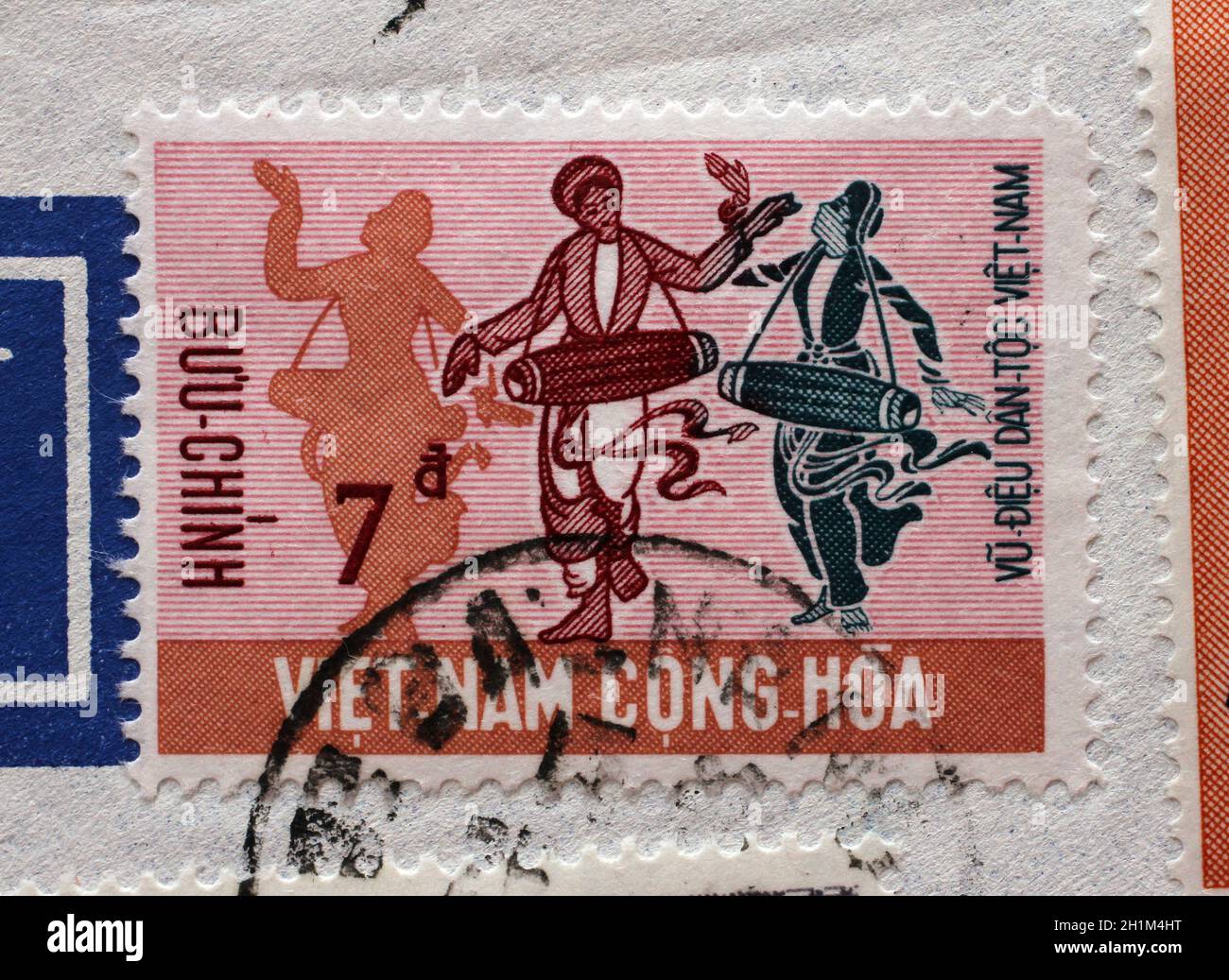 Stamp printed in South Vietnam shows Folk dance of the national minorities, circa 1971. Stock Photo