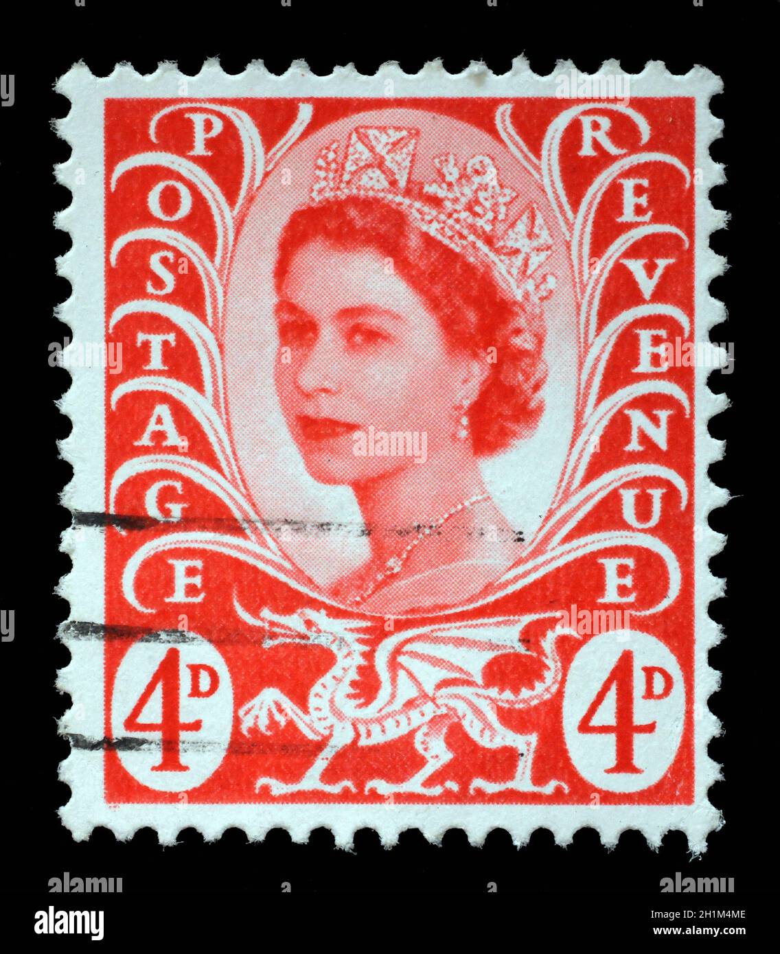 Welsh Used Postage Stamp showing Portrait of Queen Elizabeth 2nd, circa 1958 to 1969 Stock Photo