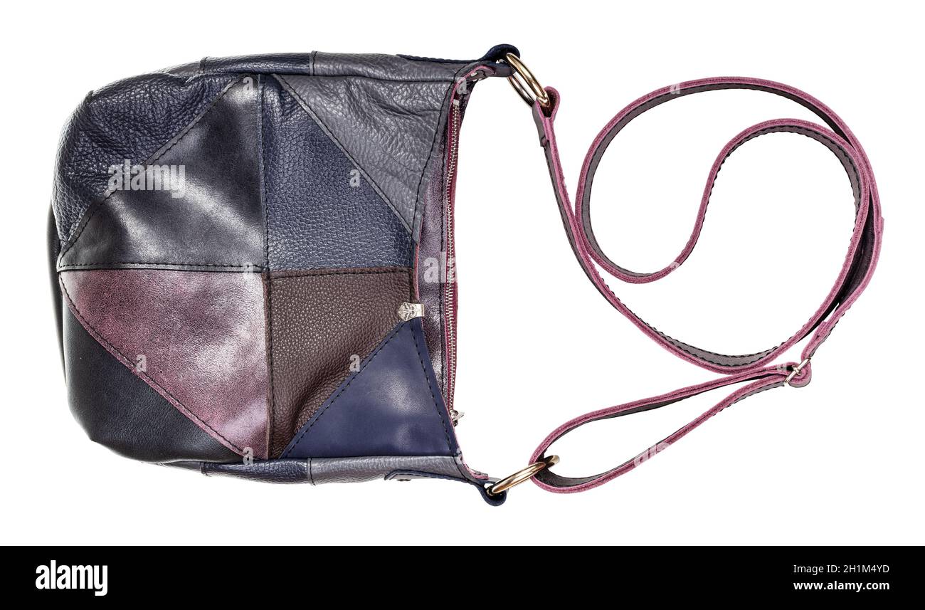 front view of handcrafted leather crossbody bag with patchwork