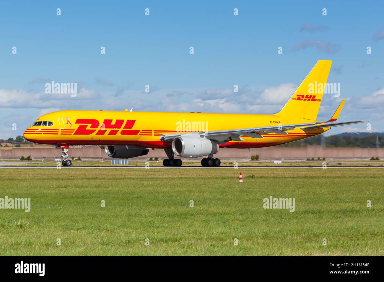 Stuttgart, Germany - October 4, 2020: DHL Boeing 757-200(PCF) airplane at Stuttgart Airport in Germany. Boeing is an American aircraft manufacturer he Stock Photo