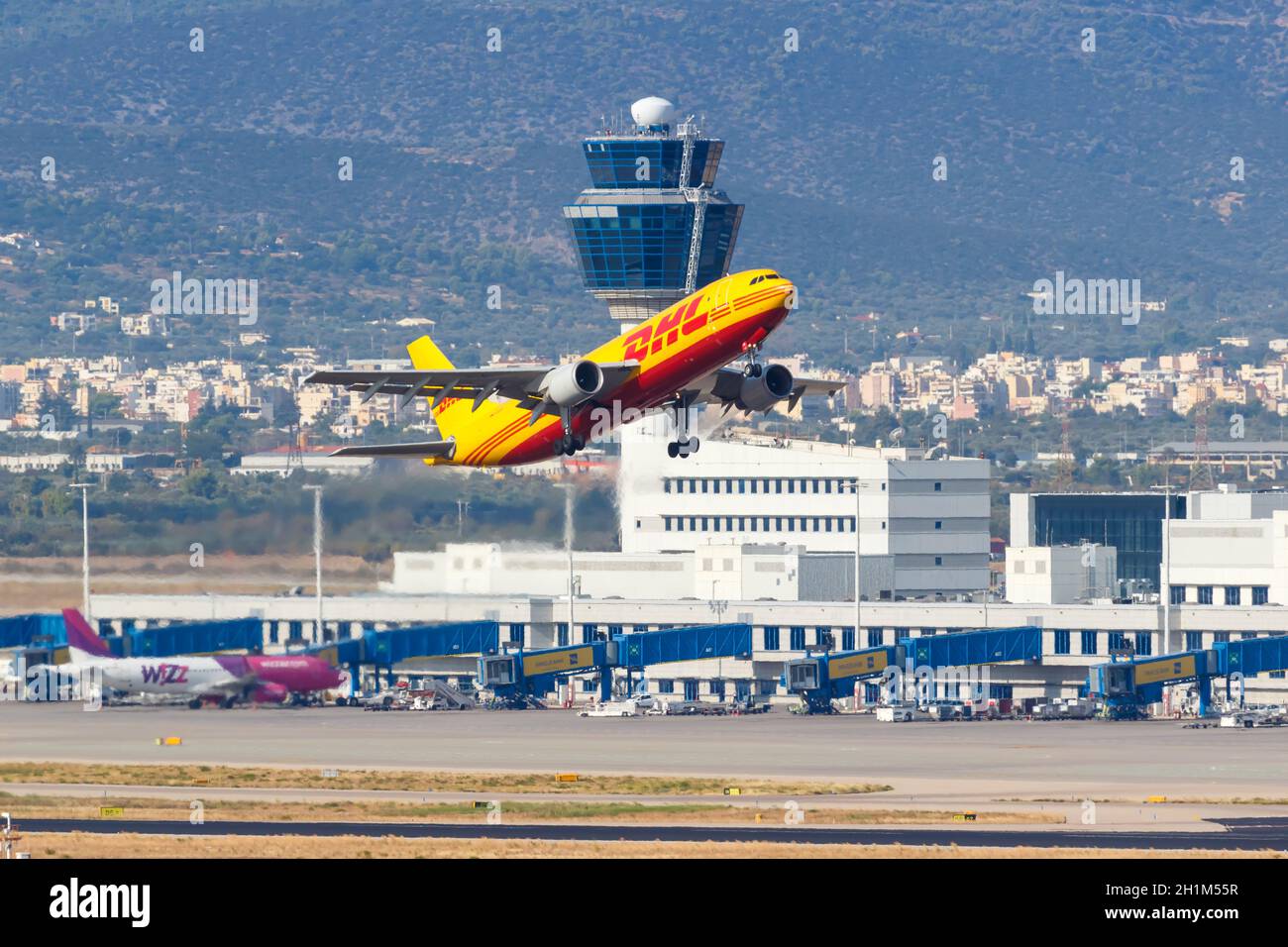 Athens, Greece - September 22, 2020: DHL European Air Transport Airbus A300-600F airplane Athens Airport in Greece. Airbus is a European aircraft manu Stock Photo