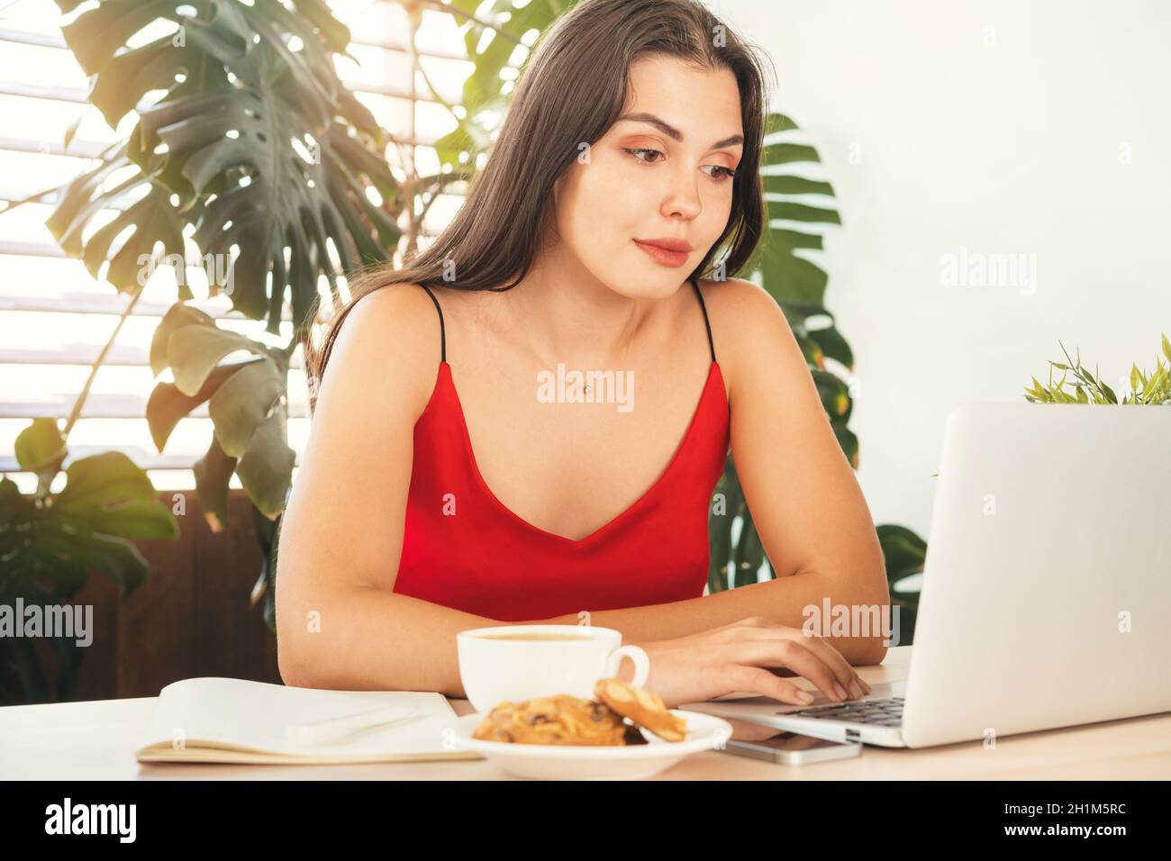 Young woman using laptop at home or in cafe Stock Photo - Alamy