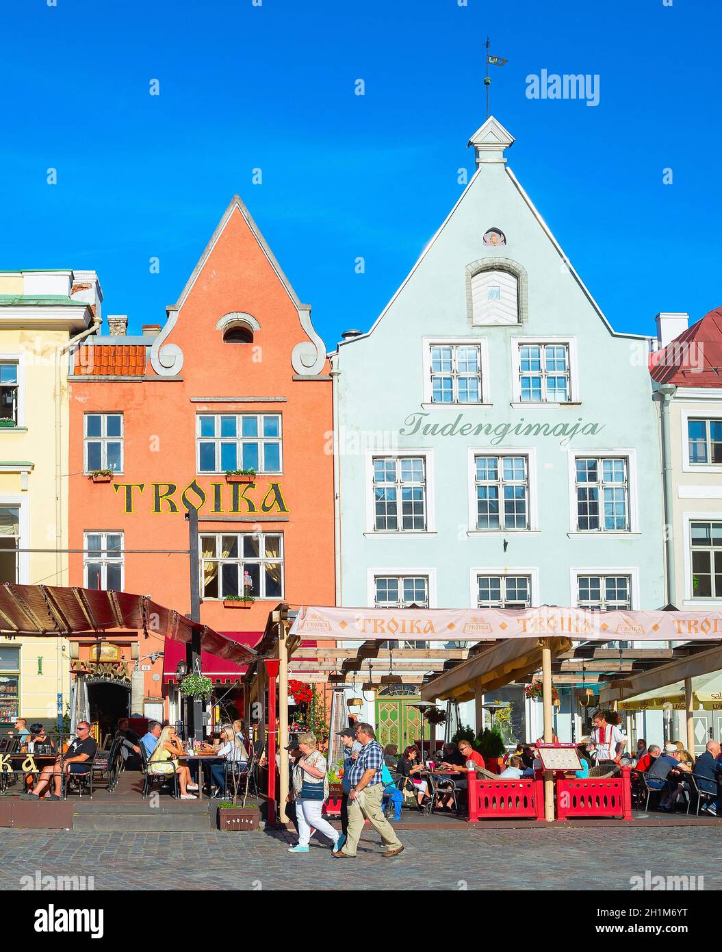 TALLINN, ESTONIA - JULY 14, 2019: Tourists at famous Town Hall Square in Tallinn, Estonia Stock Photo