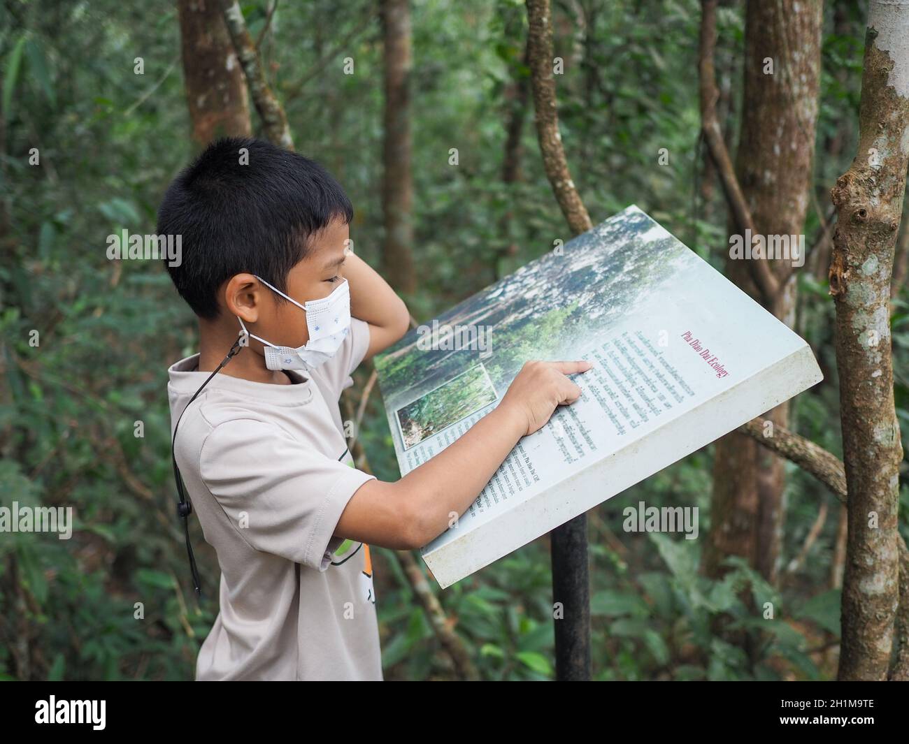 A boy standing and reading a tourist attraction In the national park Stock Photo