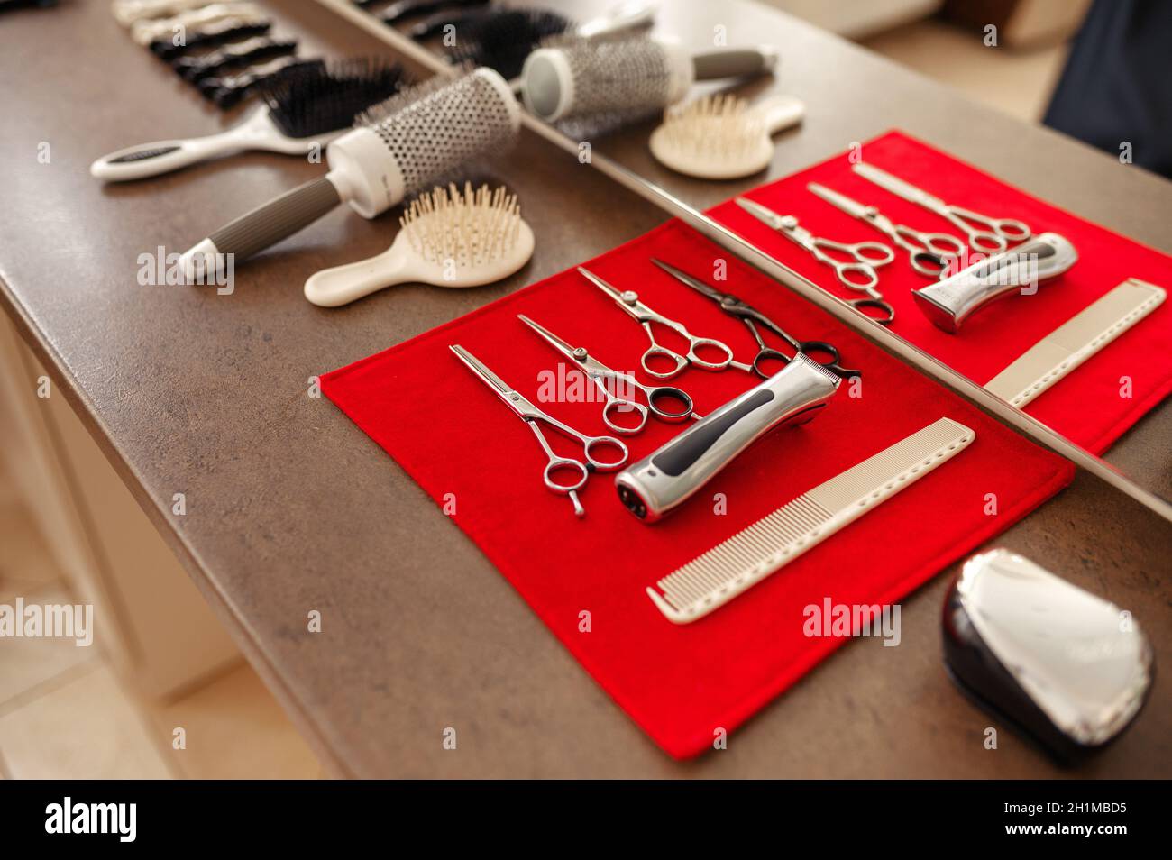 Hairdresser equipment on the table, hairdressing salon, nobody. Stylist  tools, hairsalon. Beauty business, professional service Stock Photo - Alamy