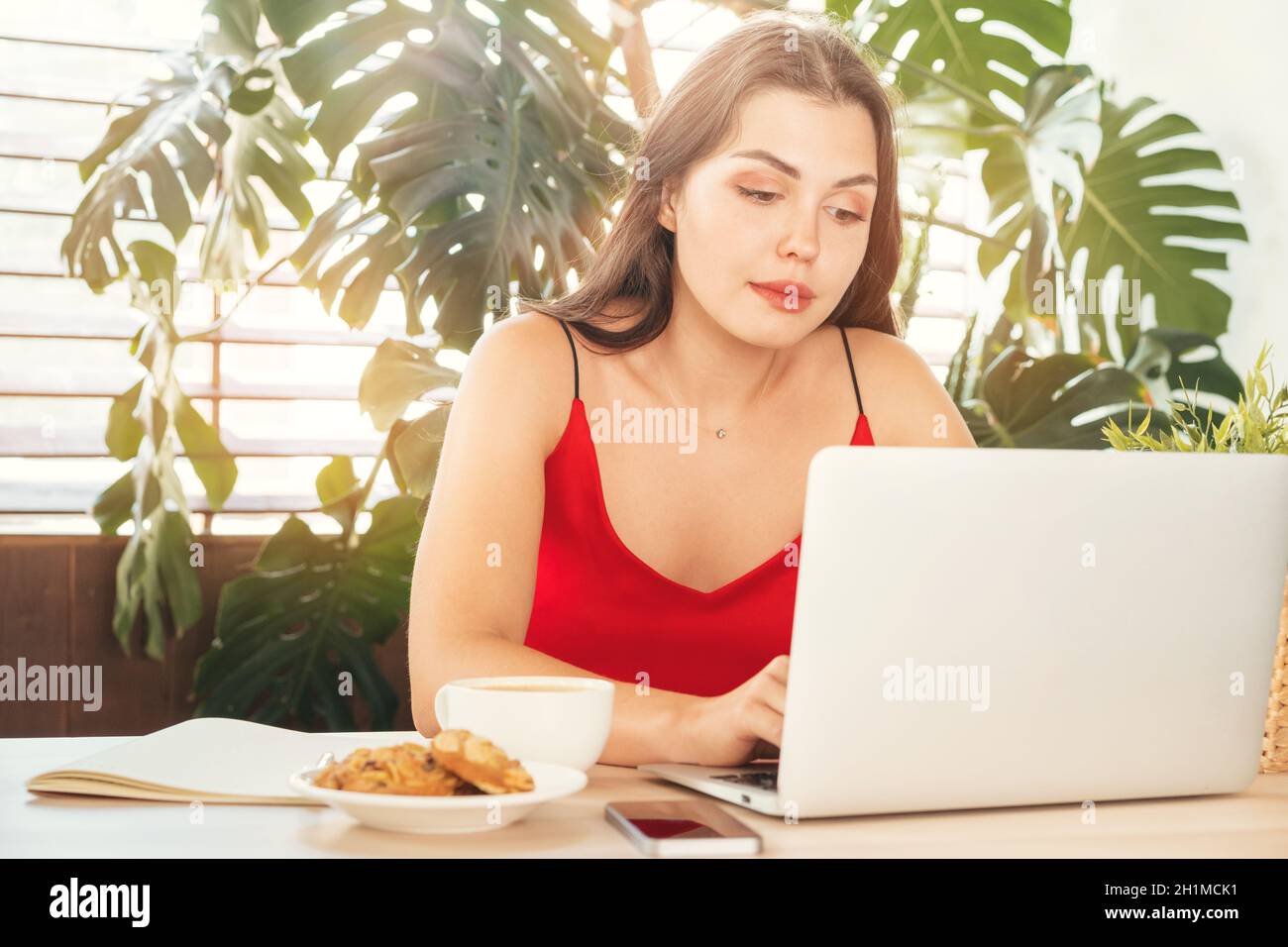 Young woman using laptop at home or in cafe Stock Photo - Alamy