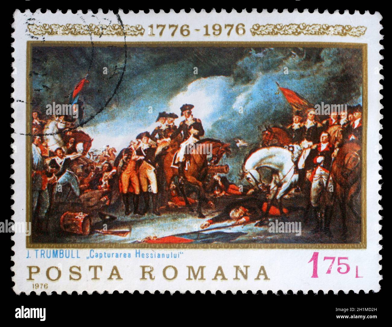 Stamp printed in the Romania shows The Capture of the Hessians, Painting by John Trumbull, American Bicentennial, circa 1976 Stock Photo