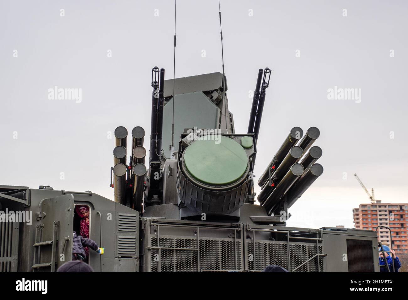 Russian self-propelled anti-aircraft missile and gun system (ZRPK) onshore and offshore Stock Photo