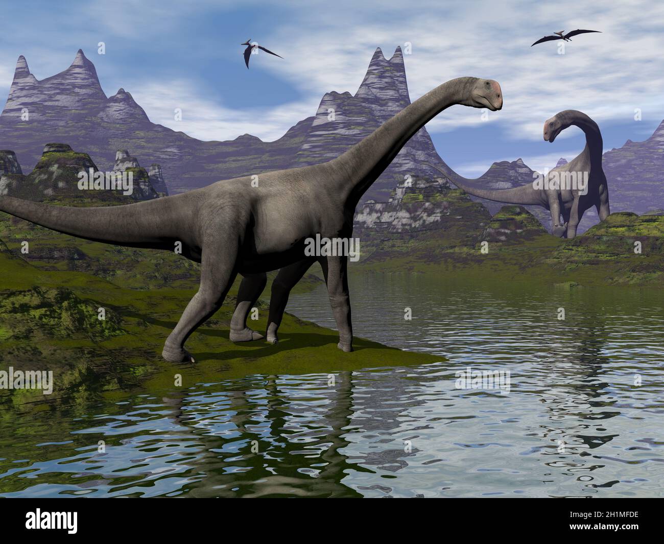 Brontomerus dinosaurs walking in a landscape by day - 3D render Stock Photo