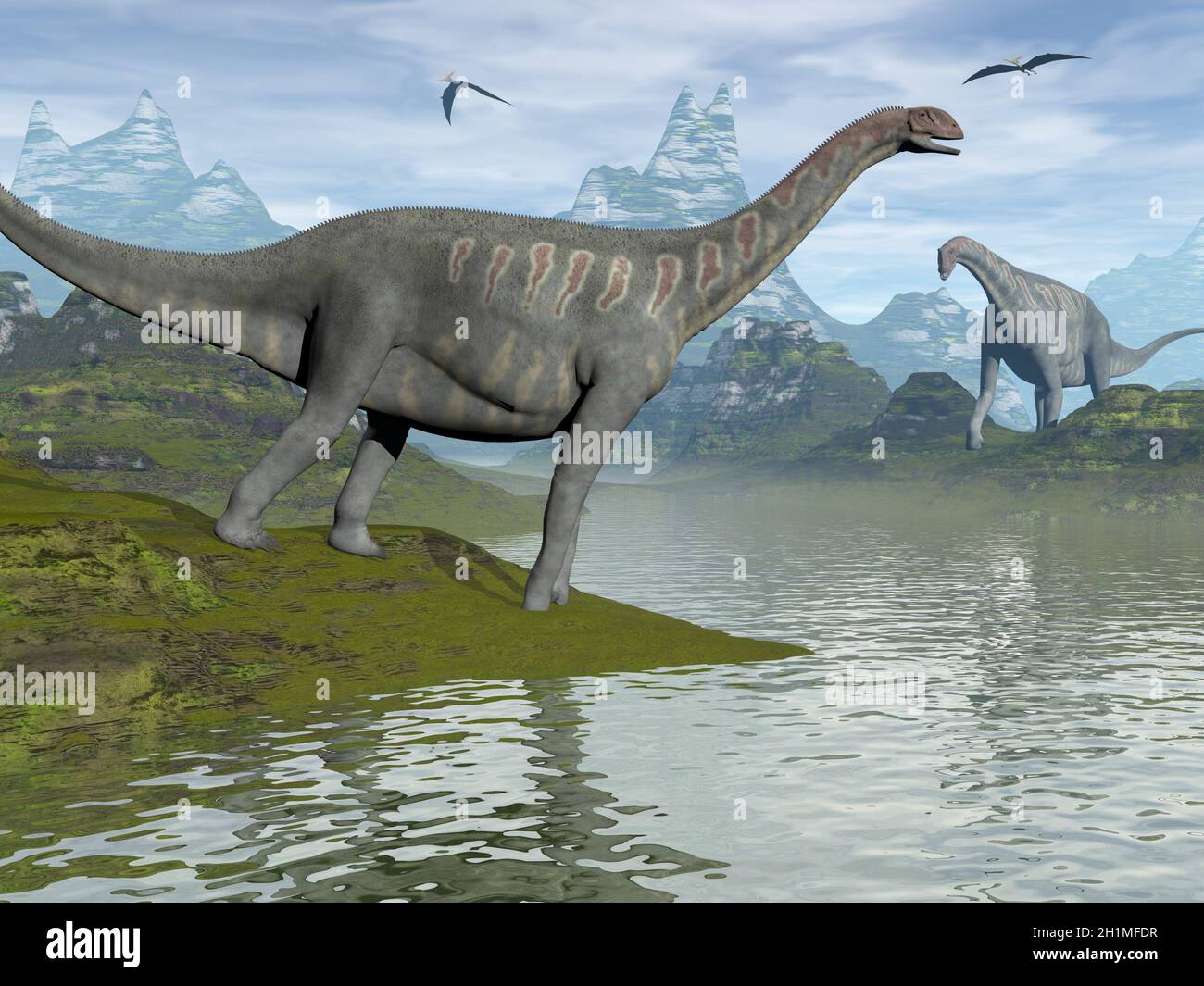 Jobaria dinosaurs walking in a landscape by day - 3D render Stock Photo