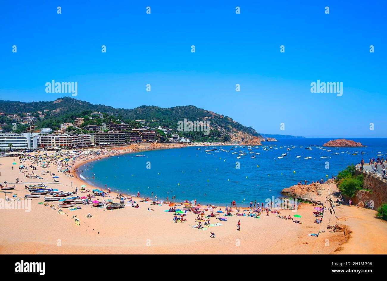 The Panoramic view of beach at Tossa de Mar. Costa Brava, Catalonia, Spain Stock Photo