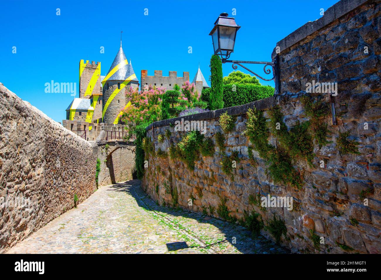 The Castle Of Carcassonne. A view of the courtyard and crossings for tourists Stock Photo