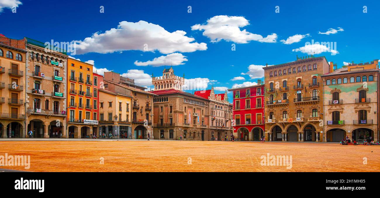 Vic, Spain - 20 JUNE, 2018: The Plaza Mayor in Vic on a sunny day filled with tourists, Catalonia, Spain. Selective focus Stock Photo