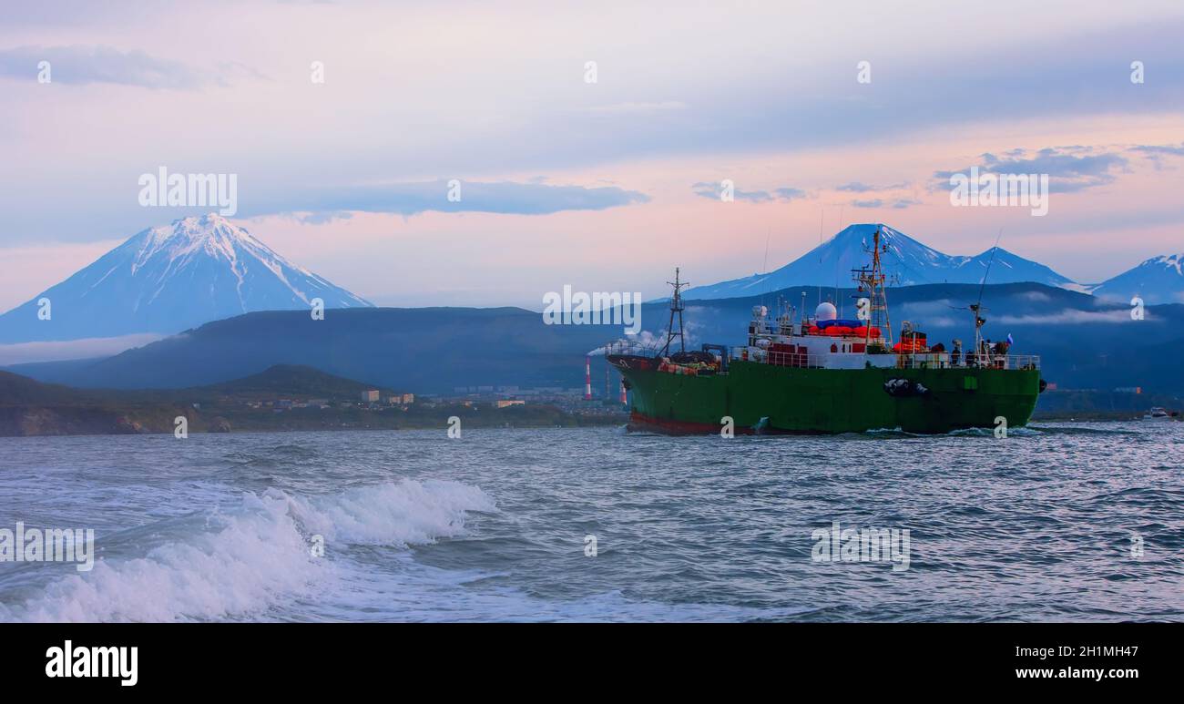 The ship in the Avacha Bay of the Pacific ocean Stock Photo