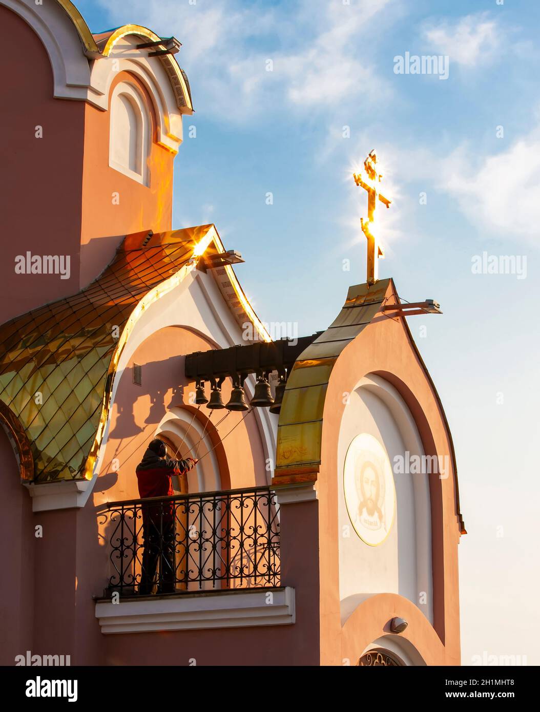The bell-ringer in orthodoxy church bell tower Stock Photo