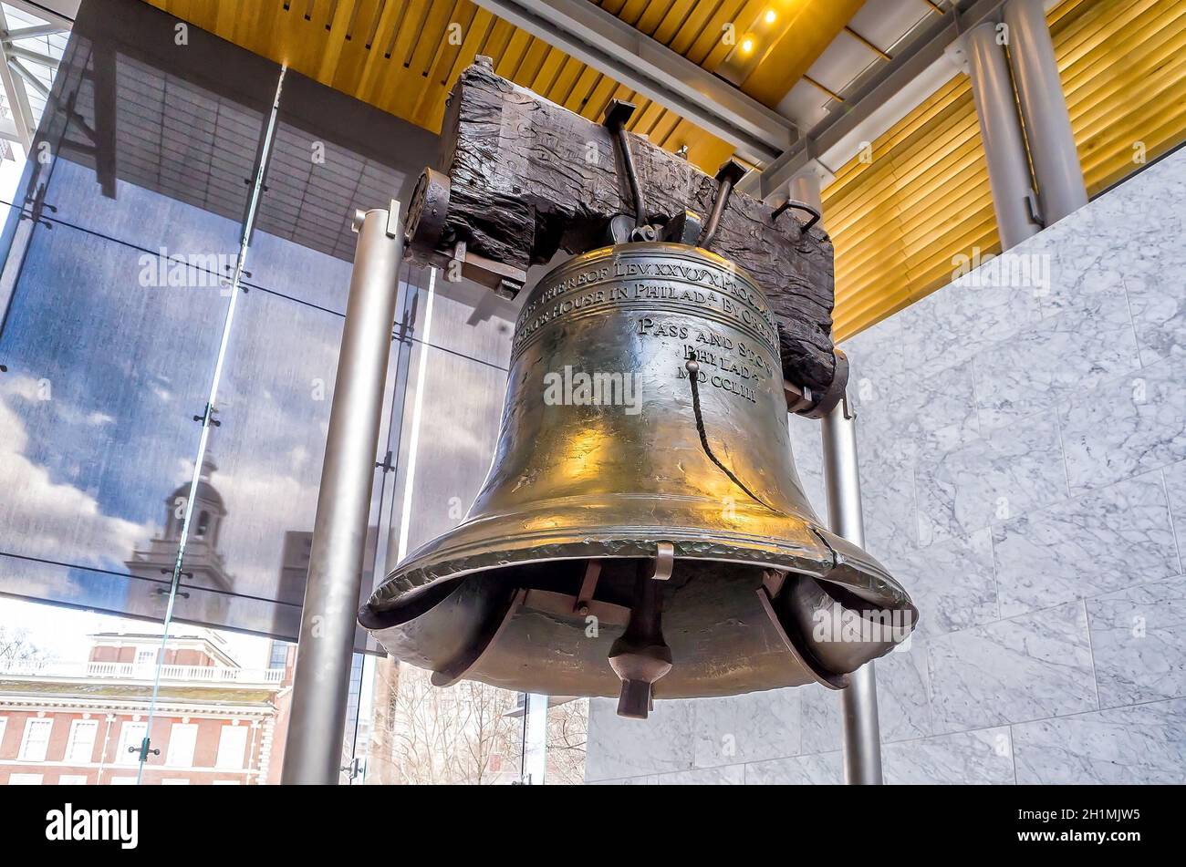 Liberty Bell (267 years old) was made in 1751, symbol of American freedom in Independence Mall building in Philadelphia, Pennsylvania USA Stock Photo
