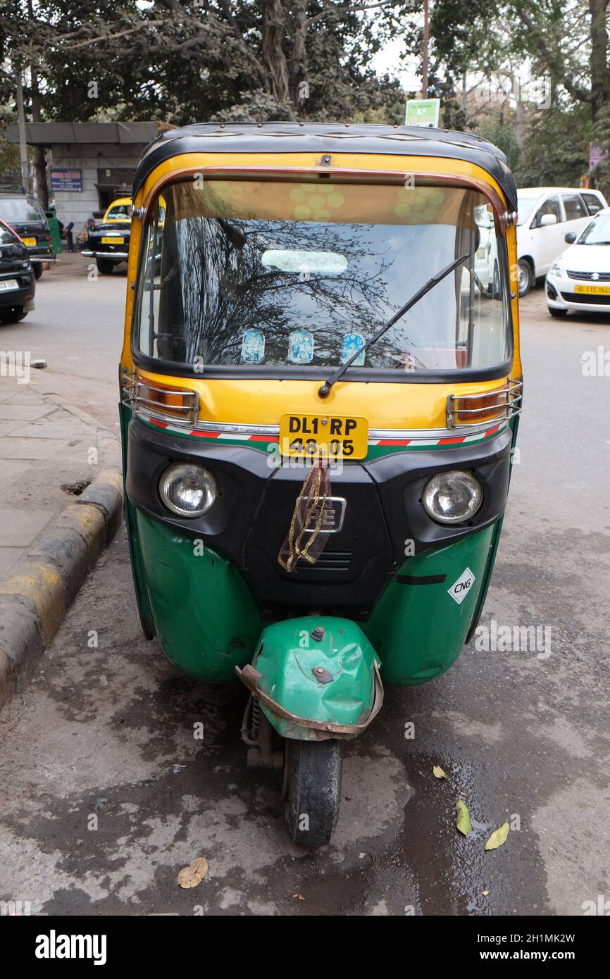 Tuk tuk autorickshaw parking near old Delhi railway station, India Stock Photo