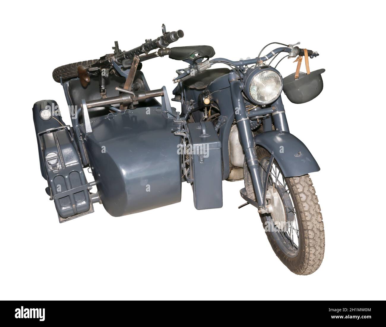 German motorcycle BMW R-12 with a machine gun MG-34/42-is isolated on the white Stock Photo
