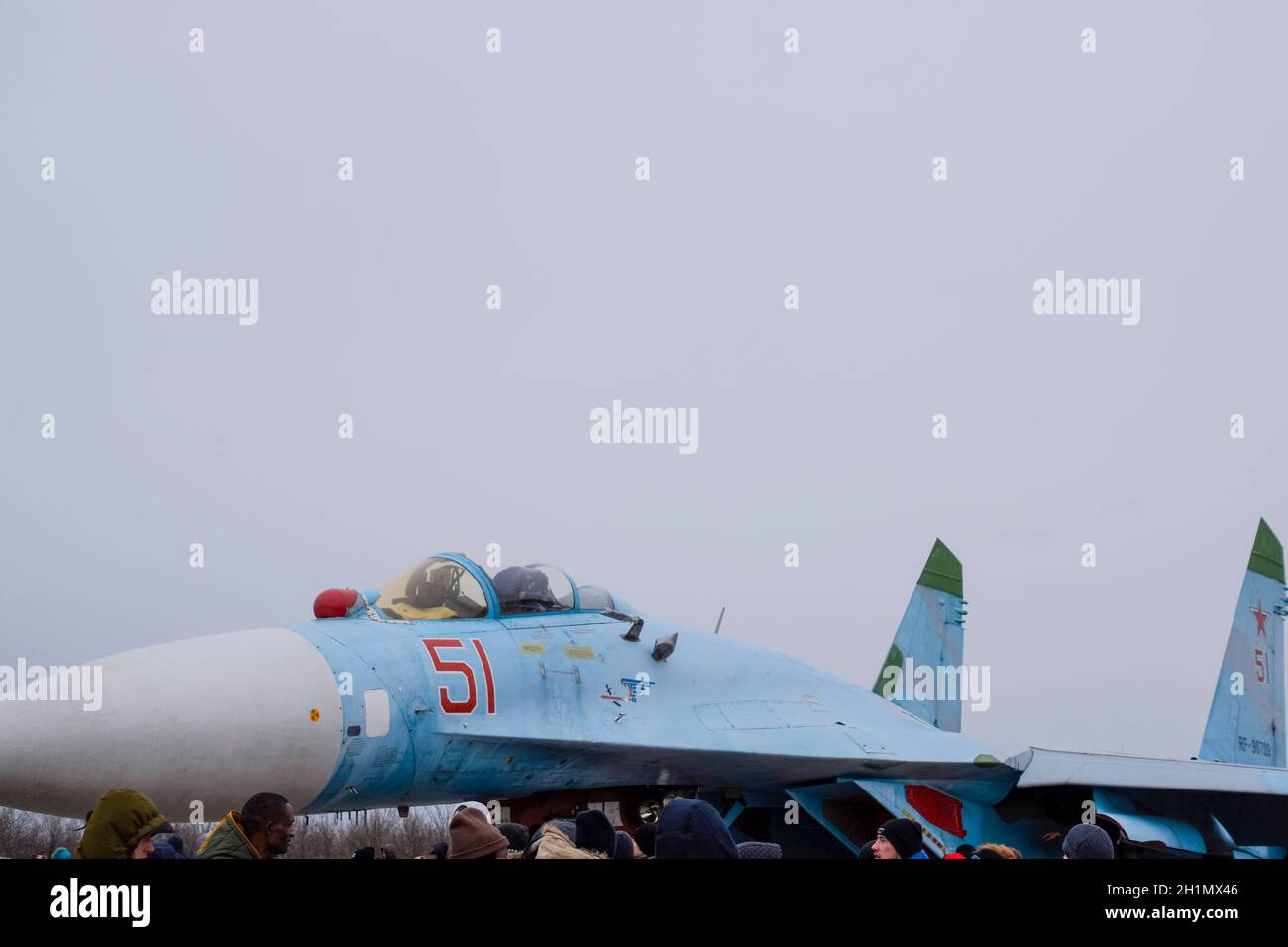 Krasnodar, Russia - February 23, 2017: Su-35 fighter at the air show. Aircraft on the airfield to show the audience. The nose of the plane and the coc Stock Photo