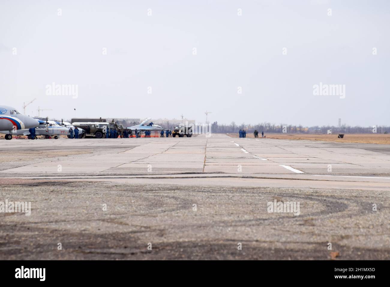 Krasnodar, Russia - February 23, 2017: Air show in honor of the Defender of the Fatherland. The runway for fighter aircraft. Stock Photo