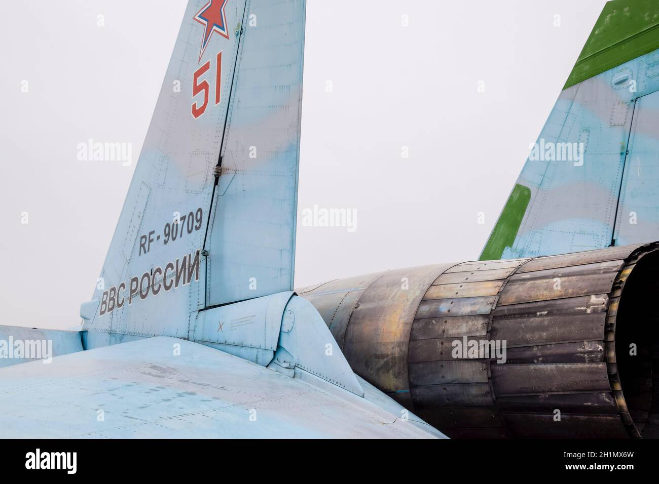 Krasnodar, Russia - February 23, 2017: The rear part of the Su-35 fighter. Steering flaps. A nozzle of a jet engine of an amber with a variable thrust Stock Photo
