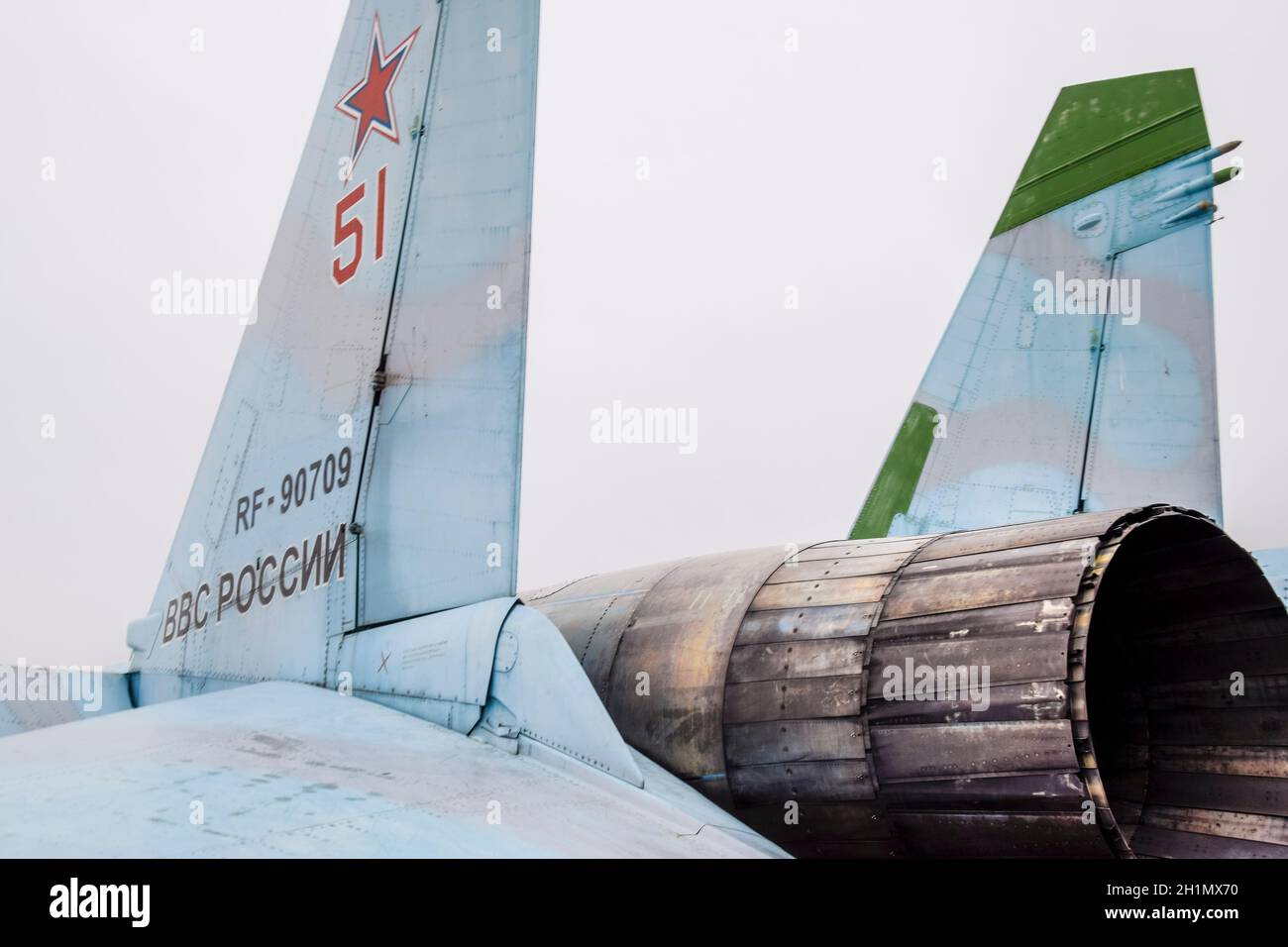 Krasnodar, Russia - February 23, 2017: The rear part of the Su-35 fighter. Steering flaps. A nozzle of a jet engine of an amber with a variable thrust Stock Photo