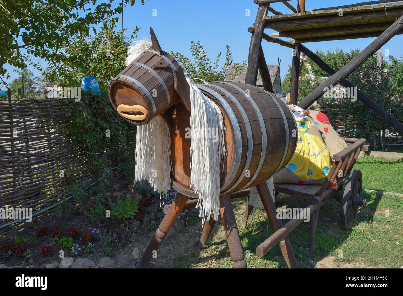 Toy horse from the barrels. Fun creative improvised items. Stock Photo