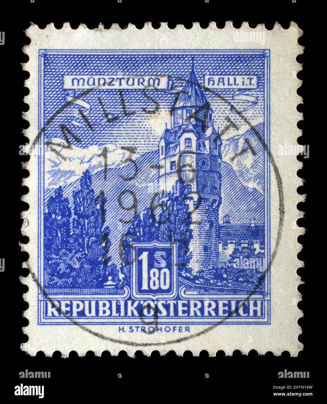 Stamp printed in Austria shows Munzturm hall in Tirol, series, circa 1960 Stock Photo