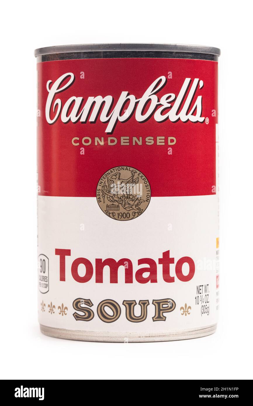 WETZLAR, GERMANY 2020-09-05: Campbell's condensed tomato soup can. The Campbell Soup Company, is an American producer of canned soups. Andy Warhol use Stock Photo