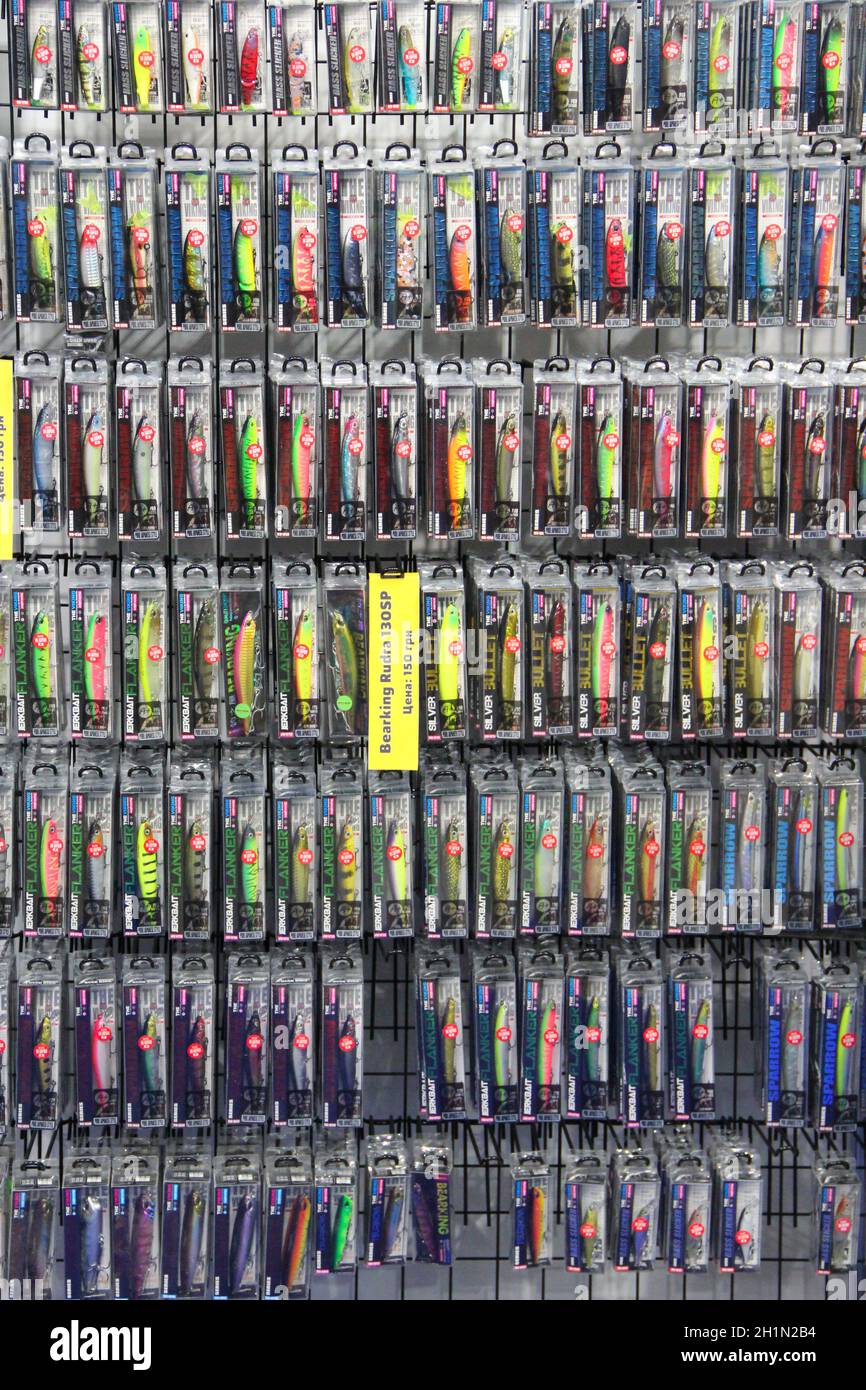 Colorful fishing lures on sale. Set of different plugs for fishing