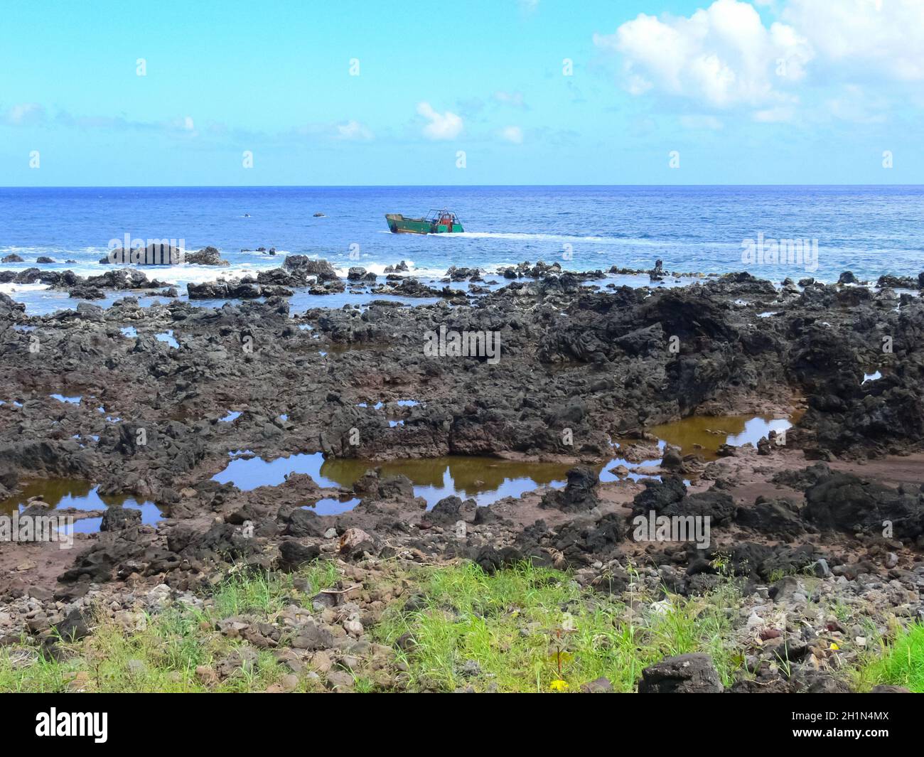 Easter Island coastline. Easter Island coast, rocks and ocean. Stock Photo