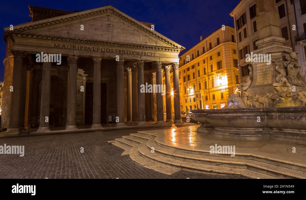 ROME, ITALY - CIRCA AUGUST 2020: illuminated Pantheon by night. One of the most famous historic landmark in Italy. Stock Photo
