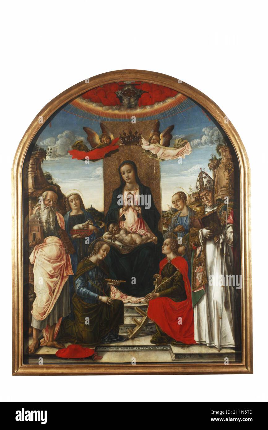 Bartolomeo Vivarini: Madonna and Child on the throne crowned by two angels, with God the Father, Saint Jerome, Agnes, Lucia, Catherine of Alexandria, Stock Photo